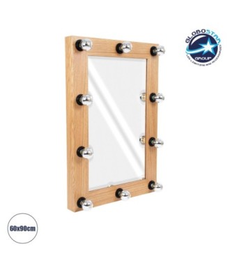 GloboStar® MAKEUP MIRROR-60x90-1 Μοντέρνος Καθρέπτης Μακιγιάζ με Πλαίσιο Φυσικού Ξύλου με Διακόπτη On-Off 10 x E27 AC220-240V - Μ60 x Π7 x Υ90cm - Μπεζ Δρυς